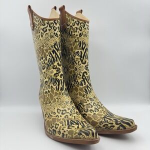 Womens Western Rain‎ Boots Wild Animal Print Cowgirl Rubber Waterproof Sz 8